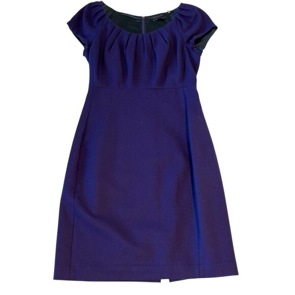 Elite Tahari Wool Purple Sheath Midi Dress Short Sleeve Back Zipper Size 4 - Picture 2 of 5